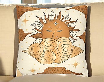 Funda de almohada dorada con diseño de la Diosa Celestial del Sol, funda de cojín espiritual, funda de almohada celestial, almohada de Sol, Luna y Estrellas, funda de almohada dorada
