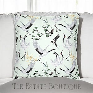 Japanese Flying Cranes Sage Pastel Green Pillow Cover, Japanese Cranes Throw Pillow Cover, , Japanese Style Cushion Cover,Eco Friendly Deco