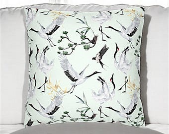 Japanese Flying Cranes Sage Pastel Green Pillow Cover, Japanese Cranes Throw Pillow Cover, , Japanese Style Cushion Cover,Eco Friendly Deco