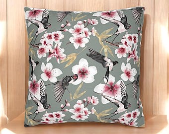 Pink Green Cherry Blossom Japanese Crane Pillow Cover, Cherry Blossom Cushion Cover, Japanese Floral Pillow, Floral Pillowcase, Flower Decor