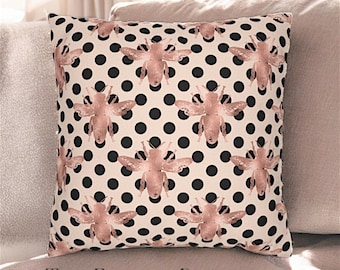Rose Gold Bees Pillow Cover, Honey Bee Throw Pillow Cover, Honey Bee Polka Dot Print Pillowcase, Modern Pillow Cover, Bee Throw Pillow Case