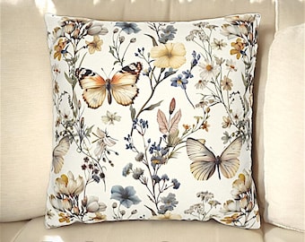 Vintage Butterfly Throw Pillow Case Cover, Vintage Butterfly Pillow, Butterfly Decor, Antique Pillow Case, Floral Butterfly Pillow