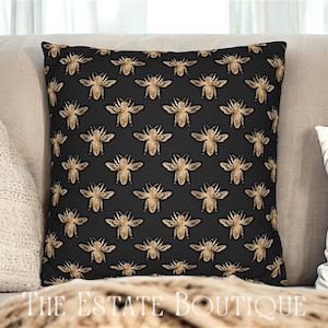 Black & Gold Bee Pillow Cover, Black Pillow Cover, Honey Bee Throw Pillow Cover, Modern Pillow Cover, Bee Print Pillow, Bee Accent Pillow