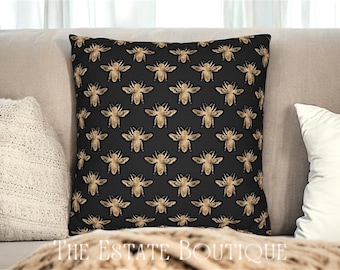 Black & Gold Bee Pillow Cover, Black Pillow Cover, Honey Bee Throw Pillow Cover, Modern Pillow Cover, Bee Print Pillow, Bee Accent Pillow