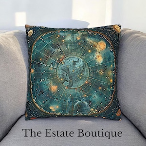 Funda de almohada de gamuza sintética con planetas celestes, estrellas y mapa astrológico en azul antiguo, funda de cojín decorativa, funda de cojín, cojín decorativo.