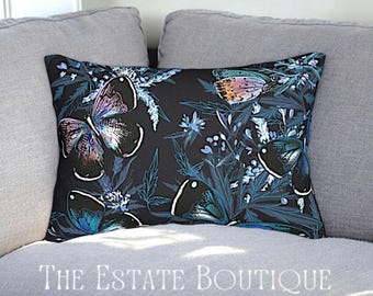 Night Flight Butterfly Celestial Navy Blue Rectangle Lumbar Pillow with Case and Insert Throw Cushions Wildflowers Floral Accent Pillows
