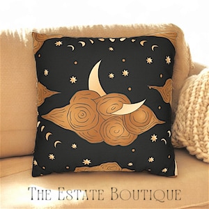 Celestial Gold Moon Black Throw Pillow Case Cover, Spiritual Cushion Cover, Celestial Pillow Cover, Moon Stars Pillow, Black Gold Pillowcase