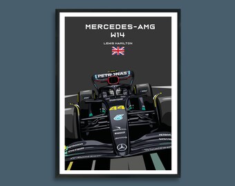 May include: A black and green Formula 1 race car with the number 44 on the side. The car is a Mercedes-AMG W14 driven by Lewis Hamilton. The car is on a black background with the text "MERCEDES-AMG W14" and "LEWIS HAMILTON" above the car.