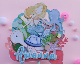 Akwarela Syrenka tort urodzinowy topper .svg i pliki Silhouette Studio Cut dla maszyn Cricut i Silhouette. Natychmiastowe pobranie cyfrowe