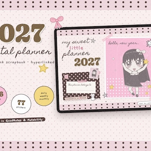 May include: A 2027 digital planner with a pink polka dot background, featuring text that reads 2027 digital planner, 456 pages, 77 stickers, and works in GoodNotes & Notability. The planner interface displays a cartoon character illustration.