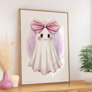 Ghost With Pink Bow Printable Wall Art, Halloween Wall Decor, Nursery Decor, Girly Room Wall Art Print, Digital Gift for Granddaughter