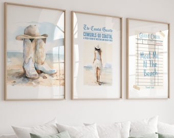 Coastal Cowgirl Print, Bundle of 3 Wall Art with Cowgirl Boot, Newspaper Headline and Trendy Guest Check Preppy Cowgirl Aesthetic Dorm Decor