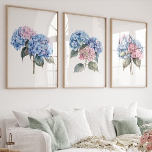 Set of 3 Blue and Pink Hydrangea Print, Botanical Hydrangea Artwork Poster, Coquette Room Decor, Floral Aesthetic Living Room Dorm Decor