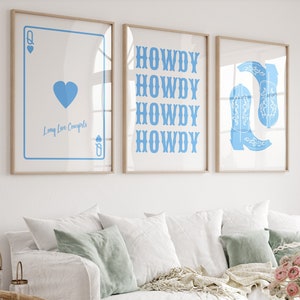 Set of 3 Blue Cowgirl Trendy Digital Prints with Cowgirl Boot, Stacked Howdy and Ace Card for East Coast Girly Granddaughter Apartment Decor