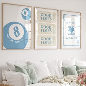 Conjunto de 3 arte de pared de coqueta azul, impresión de 8 bolas de la suerte, boleto retro, as de corazones, decoración estética de la habitación de coqueta, cosas de muy buen gusto, impresiones Y2k