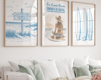 Set of 3 Blue Coastal Cowgirl Digital Print with Beach Sign, Cowgirl Surfer and Surfboards for Preppy Cowgirl Aesthetic Dorm Decor