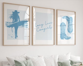 Set of 3 Blue Coastal Cowgirl Digital Print with a Cowboy Boot, Cowgirl Surfer and Saying for Preppy Cowgirl Aesthetic Art Dorm Decor