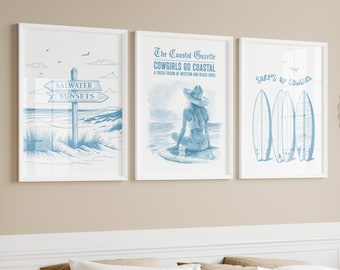 Set of 3 Blue Coastal Cowgirl Digital Print with Beach Sign, Cowgirl Surfer and Surfs Up Cowgirl Surfboards for Ocean Inspired Coconut Girl
