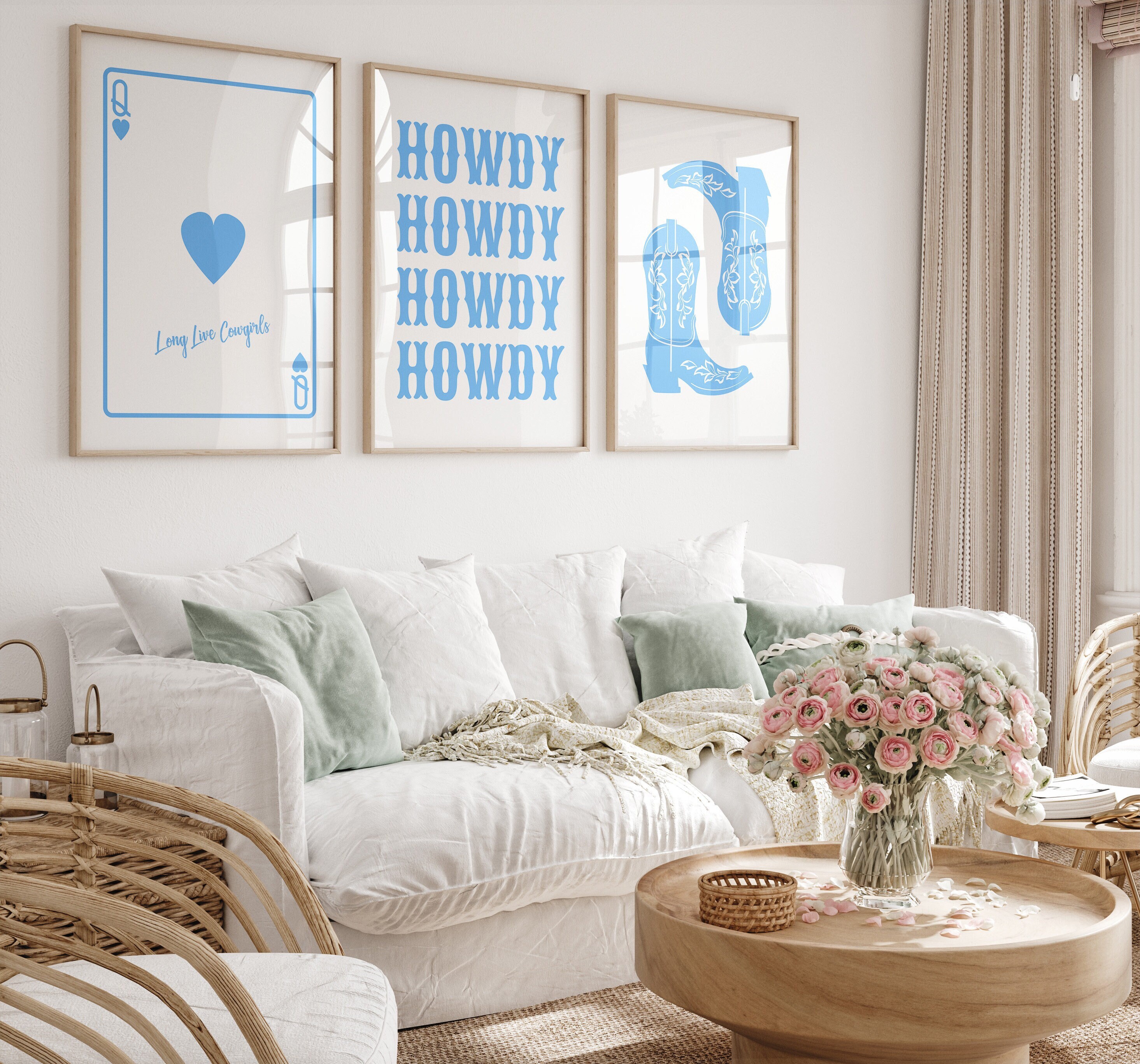 Set of 3 Blue Cowgirl Trendy Digital Prints with Cowgirl Boot, Stacked Howdy and Ace Card for East Coast Girly Granddaughter Apartment Decor