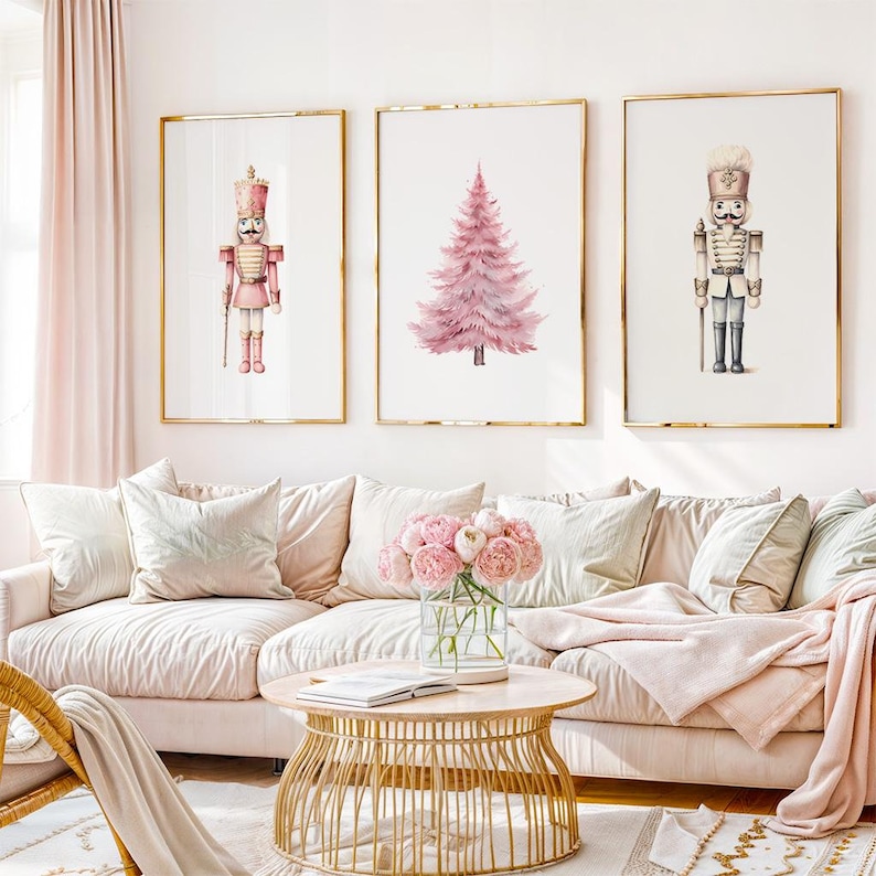 Pink Nutcrackers Wall Art, Pink Christmas Tree Print, Gallery of 3