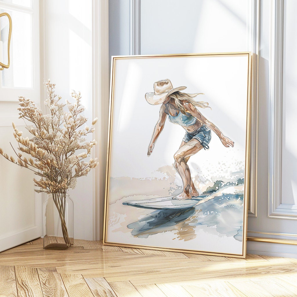 Cowgirl Surfing Printable Wall Art East Coast Pastel Watercolor Ocean ...