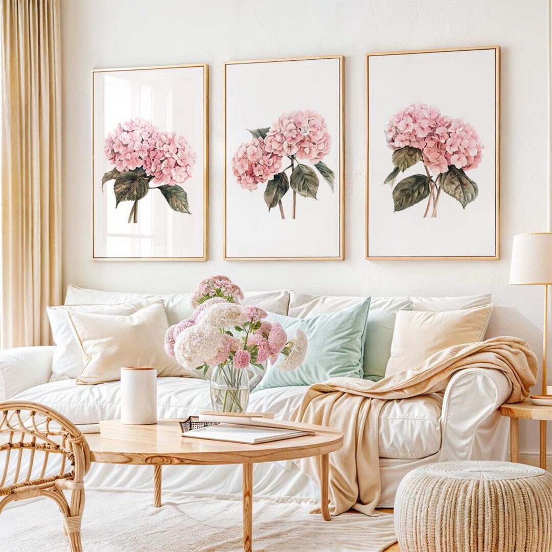 Pink Hydrangeas Wall Art, Set of 3 Botanical Digital Prints With ...