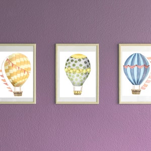 Set of 3 printable water color hot air balloon kids room wall art digital download