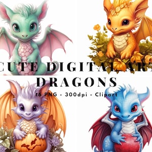 Cute Digital Art Baby Dragons, commercial use, clipart bundle of 16 PNG