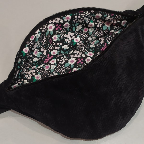 Sac banane XL velours côtelé noir doublure fleurie