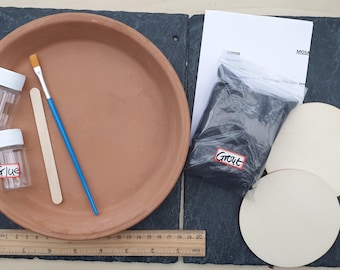 Mosaic Birdbath and coaster bases and kit supplies. Beginner DIY Craft