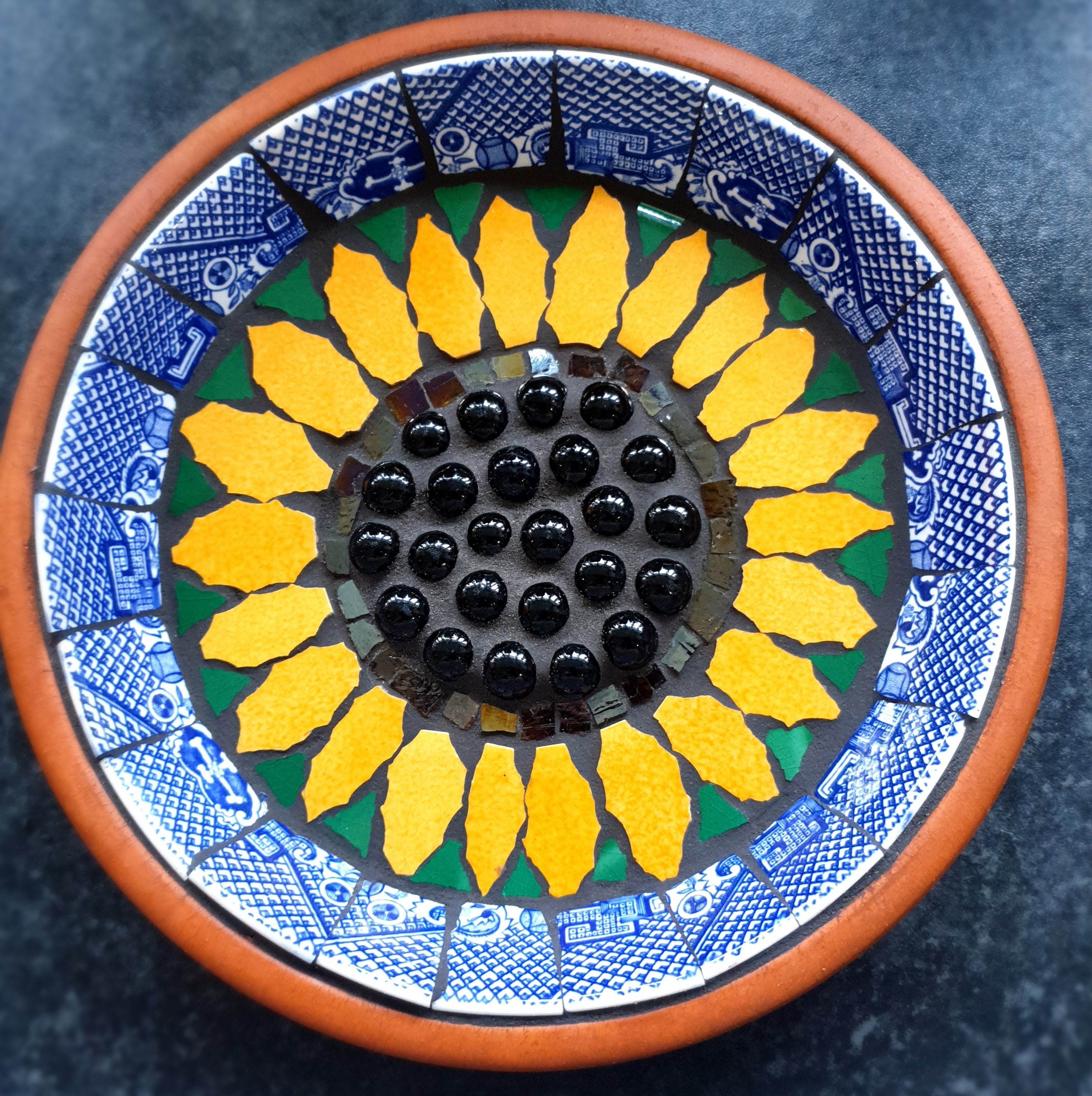 KIT Sunflower Mosaic Bird Bath Kit: Precut Tiles, Vintage Ceramics. Eco-friendly.