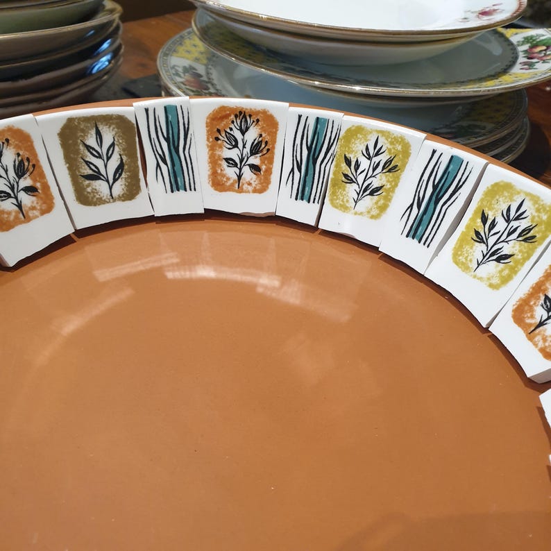 May include: A terracotta plate featuring a decorative border of white ceramic tiles. Each tile displays a repeating pattern of black botanical illustrations set against rectangular backgrounds in shades of mustard yellow, burnt orange, and teal green.