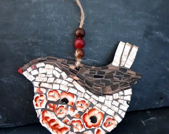 Robin mosaic made from vintage ceramics, gold shimmer glass tiles, glass beads and millefiori.