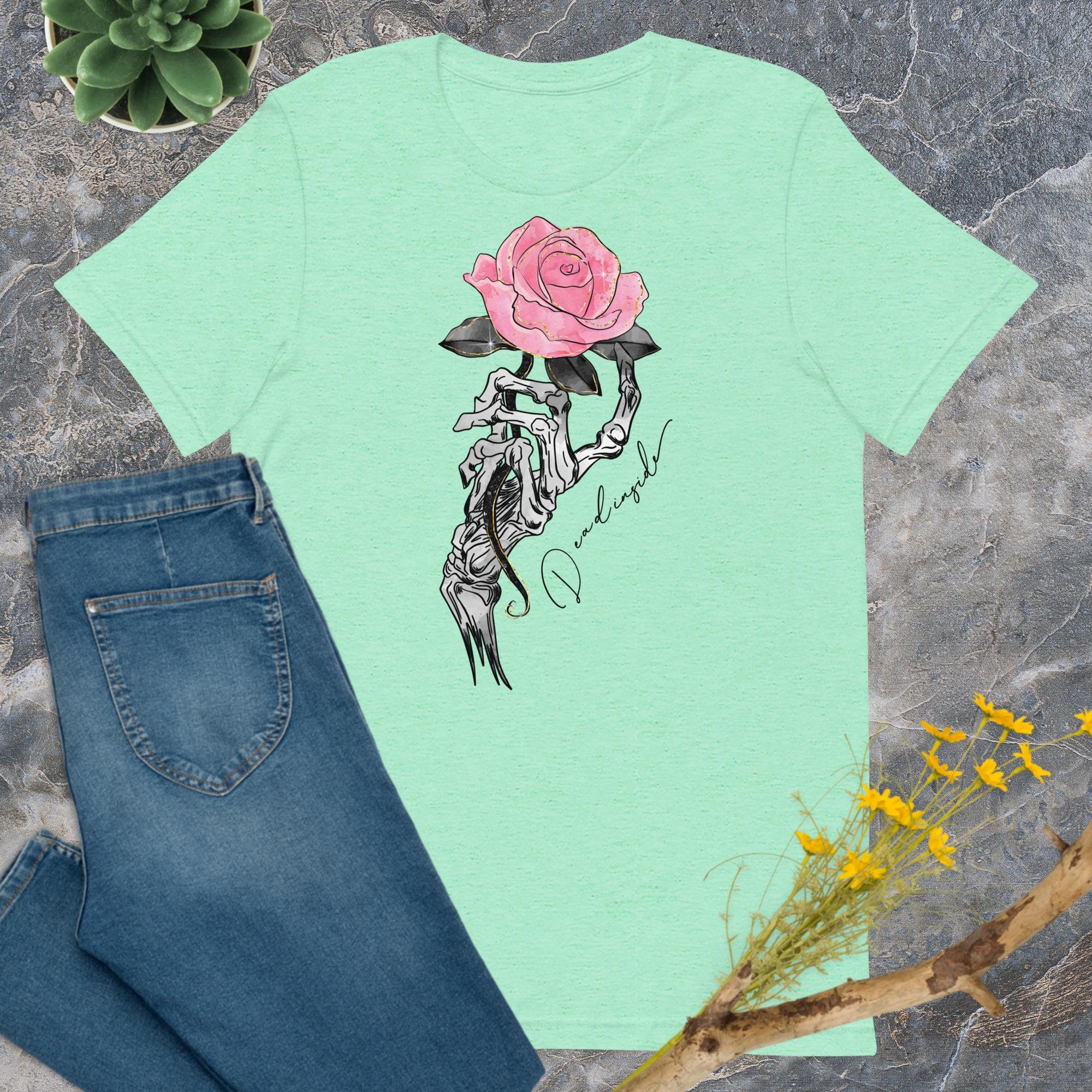 Discover Dead Inside Shirt , Skeleton Hand With a Pink Rose Shirt , Skeleton Hand Shirt , Pink Rose Shirt , Flower Shirt , Unisex T-shirt