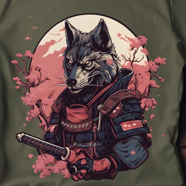 Samurai T Shirt Wolf warrior Graphic Tee Japanese Samurai fierce wolf t-shirt animal samurai Cherry Blossom Grove ukiyo-e style gift