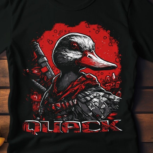 Samurai T shirt Ninja Duck Comic Style Illustration T-Shirt Rubber Duck with Attitude Martial Arts inspired Red & Black Graphic Tee