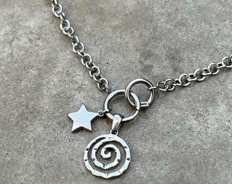 Spiral Charm Stainless Steel Necklace | Waterproof Vortex Star Pendant | Customizable O Ring Jewelry