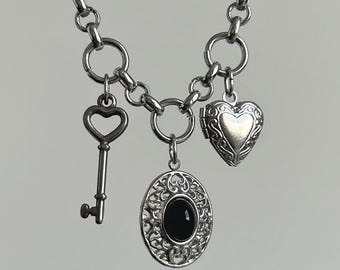Stainless Steel Multi Charm Necklace | Heart Locket Black Cameo Key Pendant | Waterproof Y2K Jewelry