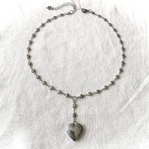 Heart Locket Lariat Necklace, Rosary-Inspired Stainless Steel Y-Chain, Vintage Silver Coquette Jewelry