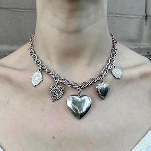 Stainless Steel Chunky Multi Heart Pendant Necklace • Heart Lockets, Choker Chainmail Chain • Grunge Gothic Y2K Vintage Silver Jewelry Gift