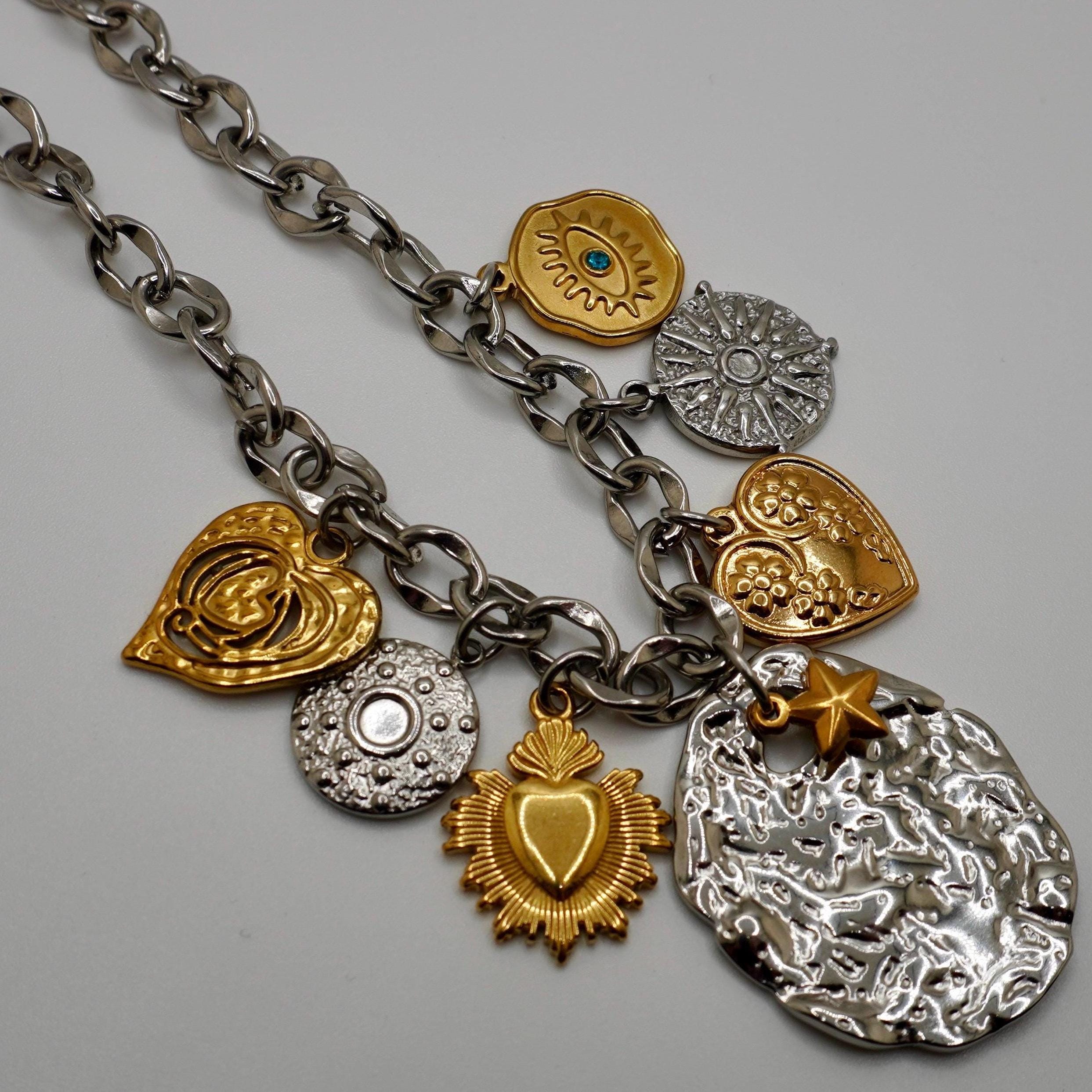 ステンレススチールの重ね付けチャームネックレス | ゴールド、シルバーのハート、太陽、コインチャーム | Y2Kステートメントネックレス