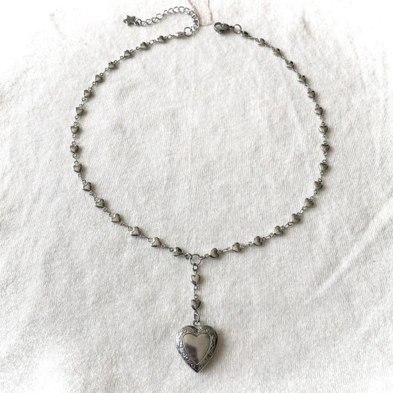 Stainless Steel Rosary Lariat Chain Necklace with Heart Locket Pendant • Dainty Vintage Silver Jewelry