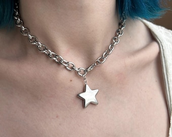 Stainless Steel Star Charm Necklace on Chunky Choker Chain: Y2K Minimalist Whimsical Silver Handmade Gothic Jewelry