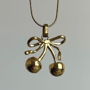 Gold Cherry Bow Pendant Necklace: Stainless Steel Y2K Jewelry