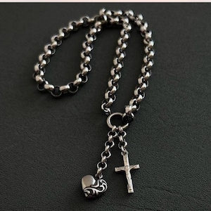 Stainless Steel Heart and Cross Lariat Necklace: Chunky Rolo Chain Street Wear