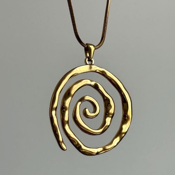 Gold Chunky Spiral Pendant Vortex Stainless Steel Necklace with Snake Chain • Boho Y2K Jewelry
