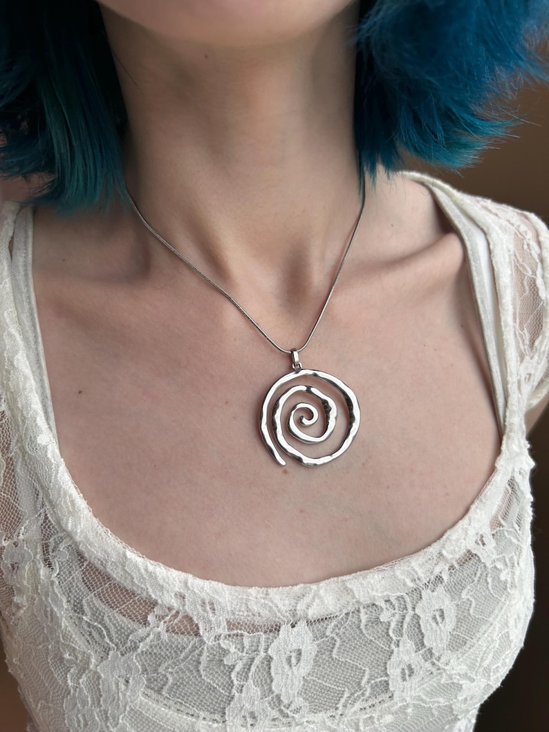 Silver Chunky Spiral Necklace, Waterproof Stainless Steel Vortex Pendant on Snake Chain image 3