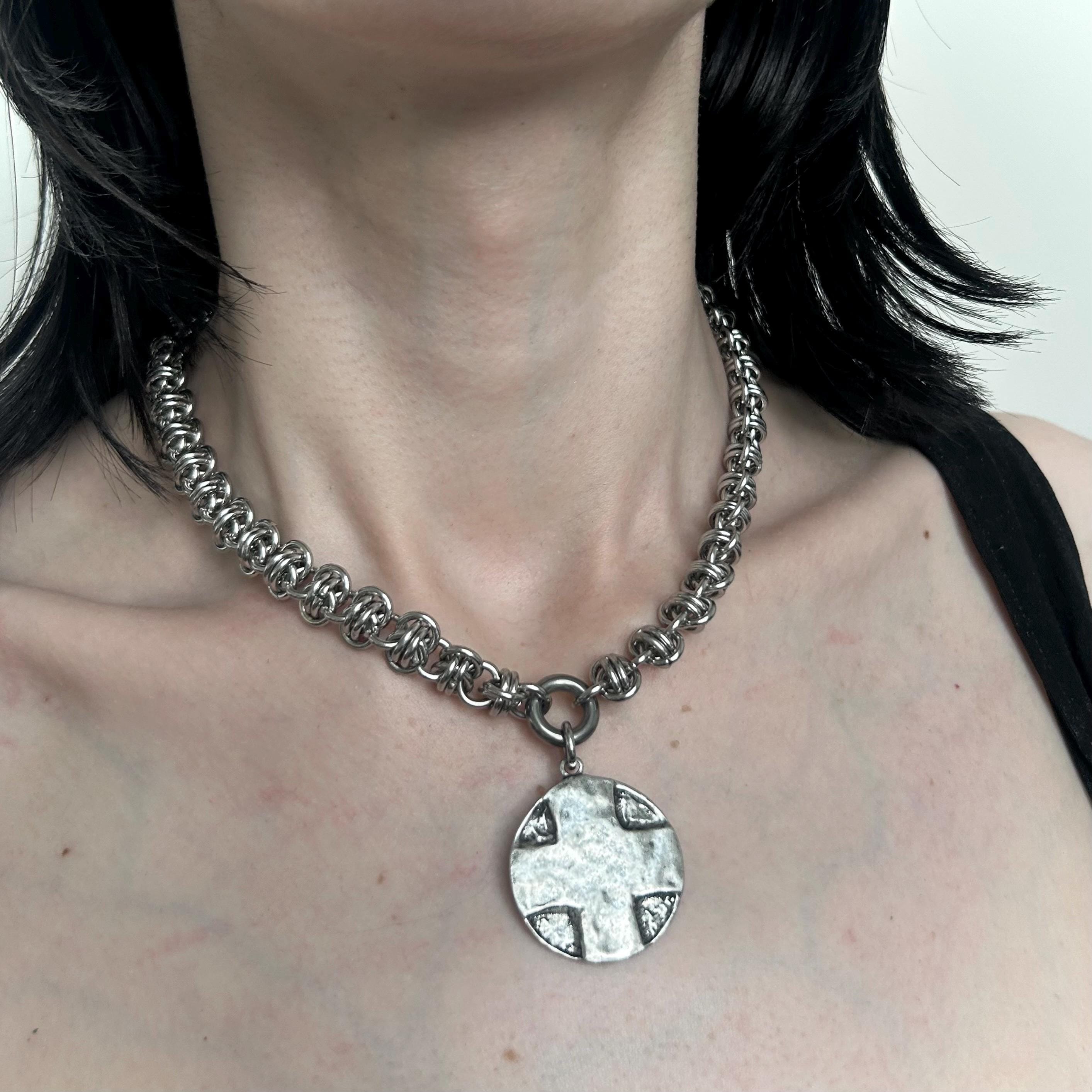 Gothic Alternative Cross Necklace | Chainmail Choker | Distressed 