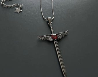 Gothic Winged Sword Pendant Necklace,  Stainless Steel with Red Zircon Heart, Snake Chain