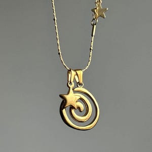 stainless steel gold spiral + star pendant charm necklace on snake chain • tarnish free boho indie cyber y2k custom handmade  jewelry gift